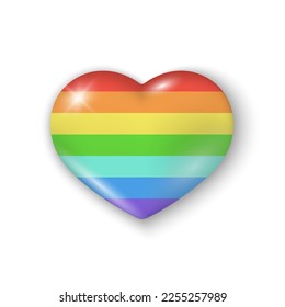 Realistic glossy hart with rainbow flag. 3d vector element in colors of LGBT community with shadow underneath. Best for mobile apps, UI and web design.