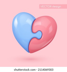 Realistisches Hochglanzpuzzle aus blauen und rosafarbenen Hälften. Symbol der Liebe. Sei mein Valentinstag. Vektorgrafik für Karte, Party, Design, Flyer, Poster, Dekor, Banner, Web, Werbung.