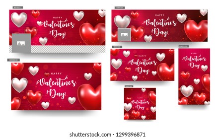 Realistic glossy heart shapes decorated social media header and poster set for Valentine's Day celebration.