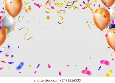 realistic glossy helium balloons and confetti. Celebration banner or background with birthday party background frame 