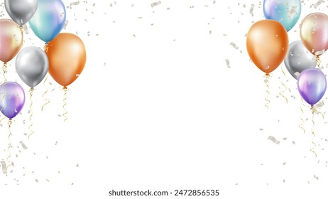 realistic glossy helium balloons and confetti. Celebration banner or background with birthday party background frame 