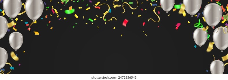 realistic glossy helium balloons and confetti. Celebration banner or background with birthday party background frame 