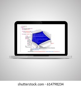Realistic glossy laptop with torn hole in program code with BSOD error on background
