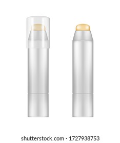 Realistic glossy lip balm tube mockup isolated on white background with transparent cap - opened and closed. Plastic package design. Blank cosmetic and skin care template. 3d vector illustration