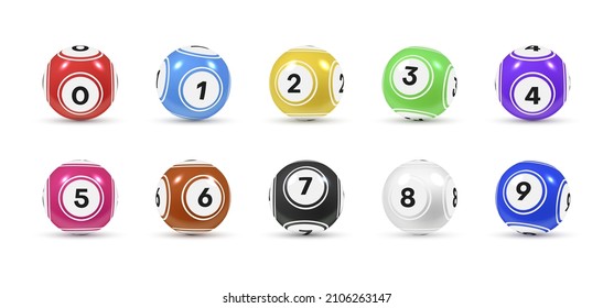 Realistic glossy lottery balls with numbers collection vector illustration. Set multicolored bingo, keno, lotto or billiard ornamental sphere 3d template isolated. Fortune lucky chance gambling tools