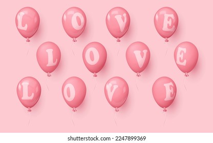 Realistic glossy, mats and transparent pink balloons with letters LOVE in different sides. Vector illustration for card, party, design, flyer, poster, decor, banner, web, advertising. 