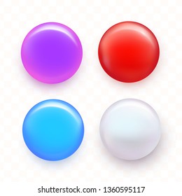Realistic glossy multi colored badge template set isolated on transparent background. Emblem, metallic magnet mock-up. Vector illustration.
