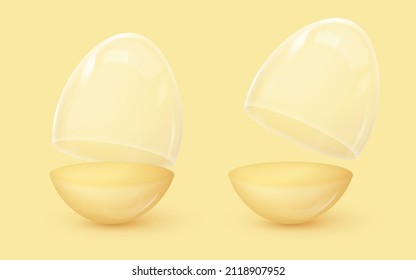 Realistic glossy open yellow eggs with stand, bottom half and glass dome, creative box, case. Happy Easter poster. Vector illustration for card, party, design, flyer, banner, web, advertising.