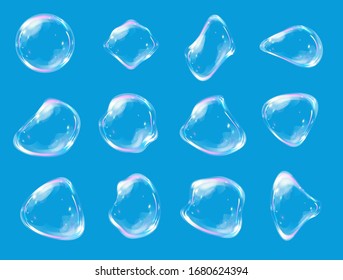 Realistic glossy orb, water soap bubble, white pearl isolated on blue background vector illustration. Vector big set isolated objects transparent water, bubbles, decoration element. Deformation forms.