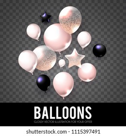 Realistic Glossy Pink, Black and Transparent Balloons with Confetti. Holiday, Sale and Party Decoration. Birtday. Wedding, Greetings, Congratulations, Anniversary, Win and so on. Vector illustration