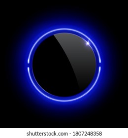 Botón de plástico brillante realista con marco de círculo de neón azul. Plantilla en blanco de efecto de luz suave aislada en fondo negro. Ilustración vectorial de forma redonda láser brillante, diseño vintage o futurista