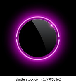 Botón plástico brillante realista con marco de círculo de neón rosado. Plantilla en blanco de efecto de luz suave aislada en fondo negro. Ilustración vectorial de forma redonda láser brillante, diseño vintage o futurista