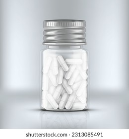 Realistic Glossy Plastic Pill Bottle Package. EPS10 Vector