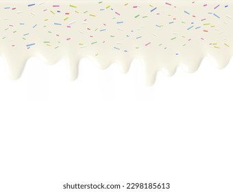 Realistic glossy seamless cream flowing drips with cylindrical sprinkles. True color tone. Vector illustration isolated on white background. Easy to use on different backgrounds. EPS10.