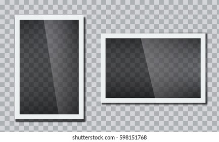 Realistic Glossy Shiny Photo frame with glass effect. White plastic border with transparent background. Vector illustration.