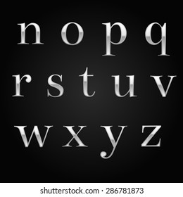 Realistic glossy silver font design set over black 