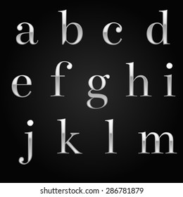 Realistic glossy silver font design set over black 