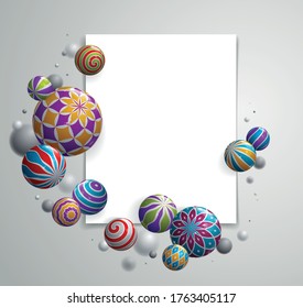 Realistic glossy spheres vector illustration with blank paper sheet, abstract background with beautiful balls with patterns and depth of field effect, 3D globes design concept art.