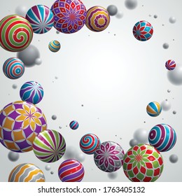 Realistic glossy spheres vector illustration with blank copy space, abstract background with beautiful balls with patterns and depth of field effect, 3D globes design concept art.