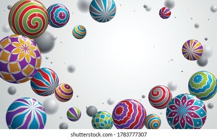 Esferas brillantes realistas ilustración vectorial con espacio en blanco de copia, fondo abstracto con bellas bolas con patrones y profundidad de efecto de campo, diseño de globos 3D arte de concepto.
