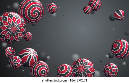 Realistic glossy spheres vector illustration with blank copy space, abstract background with beautiful balls with patterns and depth of field effect, 3D globes design concept art.