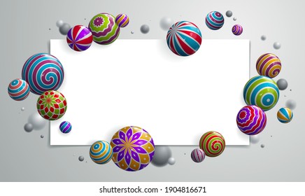 Realistic glossy spheres vector illustration with blank paper sheet, abstract background with beautiful balls with patterns and depth of field effect, 3D globes design concept art.