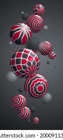 Esferas brillantes realistas ilustración vectorial fondo de smartphone, fondo de pantalla abstracto para teléfono con bolas hermosas con patrones y profundidad de campo, globos 3D concepto de diseño arte.