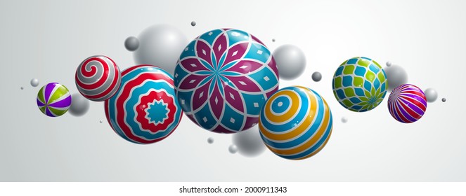 Esferas brillantes realistas ilustración vectorial, fondo abstracto con bolas hermosas con patrones y profundidad de efecto de campo, globos 3D concepto arte.