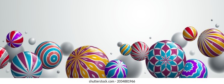 Realistic glossy spheres vector illustration with blank copy space, abstract background with beautiful balls with patterns and depth of field effect, 3D globes design concept art.