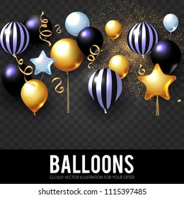 Realistic Glossy and Transparent Balloons with Confetti. Holiday, Sale and Party Decoration. Birtday. Wedding, Greetings, Congratulations, Anniversary, Win and so on. Vector illustration