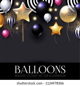 Realistic Glossy and Transparent Balloons with Confetti. Holiday, Sale and Party Decoration. Birtday. Wedding, Greetings, Congratulations, Anniversary, Win and so on. Vector illustration