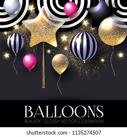 Realistic Glossy and Transparent Balloons with Confetti. Holiday, Sale and Party Decoration. Birtday. Wedding, Greetings, Congratulations, Anniversary, Win and so on. Vector illustration