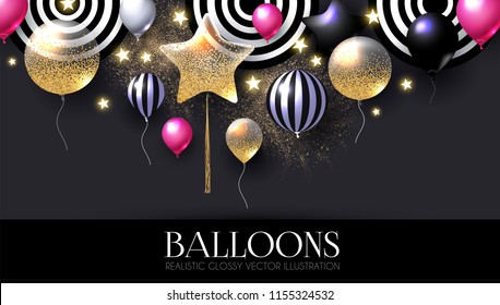 Realistic Glossy and Transparent Balloons with Confetti. Holiday, Sale and Party Decoration. Birtday. Wedding, Greetings, Congratulations, Anniversary, Win and so on. Vector illustration