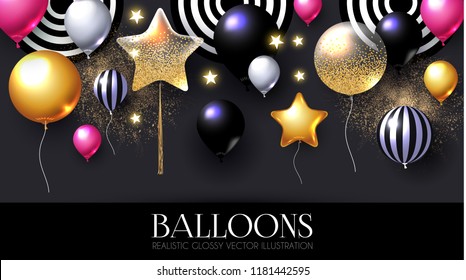 Realistic Glossy and Transparent Balloons with Confetti. Holiday, Sale and Party Decoration. Birtday. Wedding, Greetings, Congratulations, Anniversary, Win and so on. Vector illustration