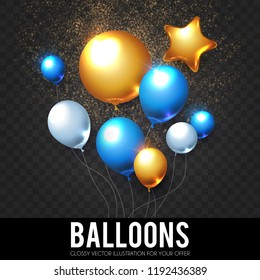 Realistic Glossy and Transparent Balloons with Confetti. Holiday, Sale and Party Decoration. Birtday. Wedding, Greetings, Congratulations, Anniversary, Win and so on. Vector illustration