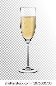 Realistic Glossy Transparent Glass full of Champagne. Bright saturated sparkling straw colored amber. Vector illustration in photorealistic style.