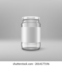 Realistic Glossy Transparent Glass Jar With White Lid. EPS10 Vector