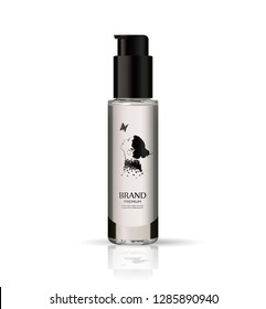 Realistic glossy, transparent spray with bottle black cap for cosmetic oil. 
Package design cosmetic products. 
Vector illustration.