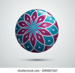 Realistic glossy vector sphere decorated with pattern, cute ball abstract graphic design element.