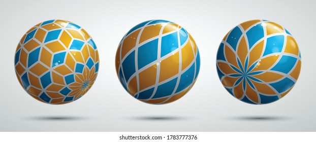 Realistic glossy vector spheres set decorated with pattern, cute balls abstract graphic design elements collection.