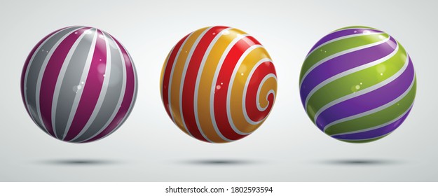 Realistic glossy vector spheres set decorated with pattern, cute balls abstract graphic design elements collection.