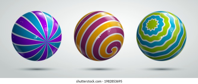 Realistic glossy vector spheres set decorated with pattern, cute balls abstract graphic design elements collection.