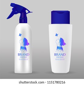 Realistic glossy white spray cosmetic bottle set with blue cap, lid and spray pump. 
Package design cosmetic  products. Vector illustration. 
Isolated on gray background.