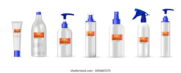 Realistic glossy white spray, pump, tube cosmetic bottle set with blue cap. 
Package design cosmetic  products. Vector illustration. 
Isolated on white background. EPS 10