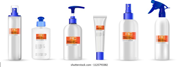 Realistic glossy white spray, pump, tube cosmetic bottle set for shampoo, gel, lotion, soap, deadorant. 
Package design cosmetic  products. 
Isolated on white background. 