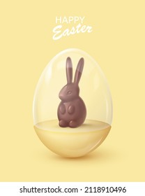 Realistic glossy yellow egg with glass dome and chocolate rabbit, bunny, creative box, case. Happy Easter poster. Vector illustration for card, party, design, flyer, banner, web, advertising.