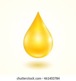 Realistic glossy yellow oil drop with soft shadow. Isolated element on white background. Vector illustration.