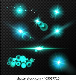 Realistic glow blue light effects. Lens flare set. Realistic glowing sparkles particles effects on dark transparent grid.