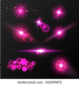Realistic glow blue light effects. Lens flare set. Realistic glowing sparkles particles effects on dark transparent grid.