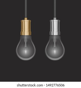 Realistic glow bulb background with luminant lens end lamp hanging on wire on dark background vector EPS 10 illustration